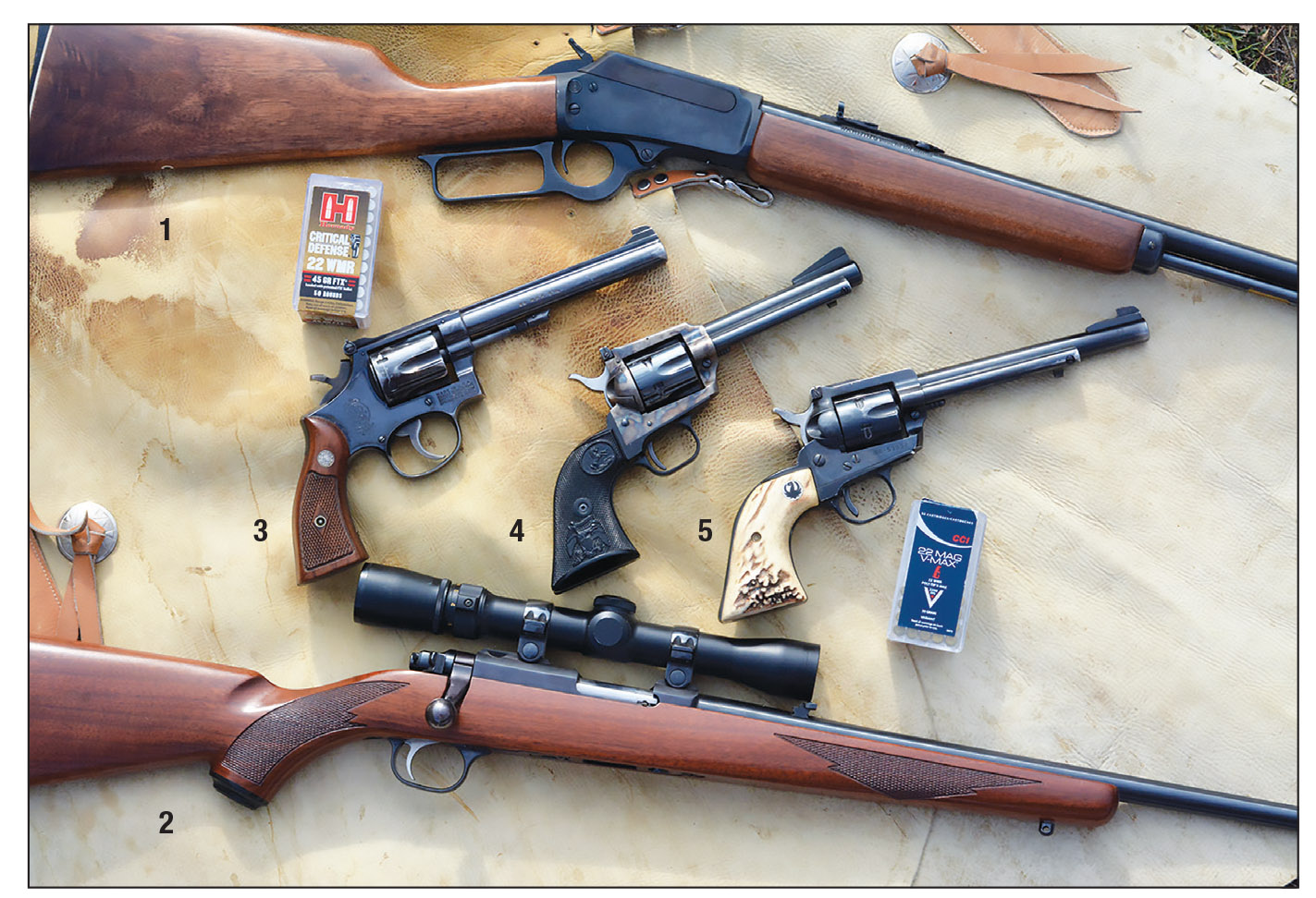 In addition to rifles such as the Marlin Model 1894 (1) and Ruger 77/22, (2) the 22 Magnum has been offered in many popular sixguns including the (3) Smith & Wesson Model 48, (4) Colt New Frontier 22 and (5) Ruger Single-Six.